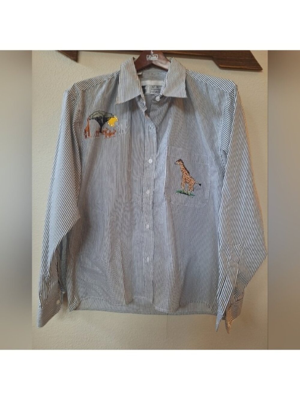 Infinity Fashions vintage safari embroidered Animal  pinstriped blouse Womens S